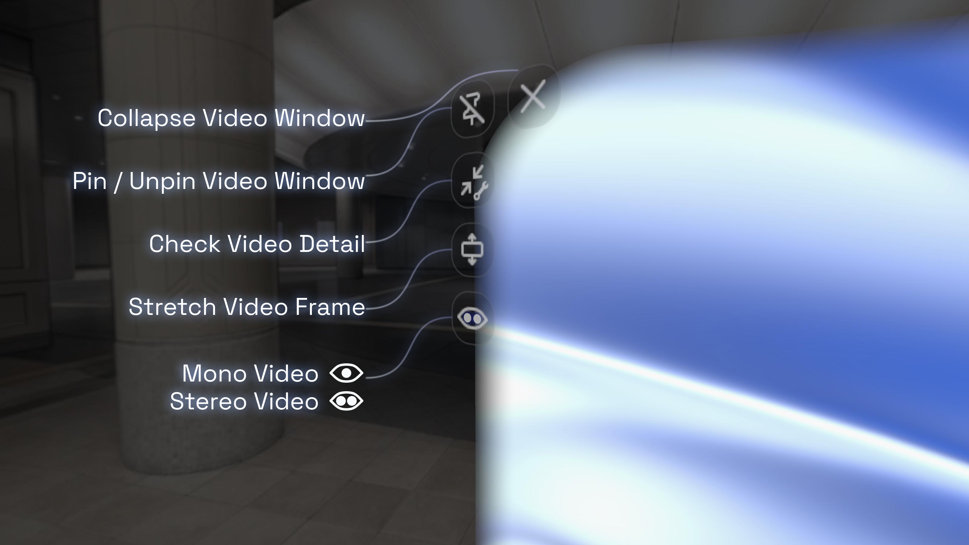 Controls in the top-left corner of the spatial video window